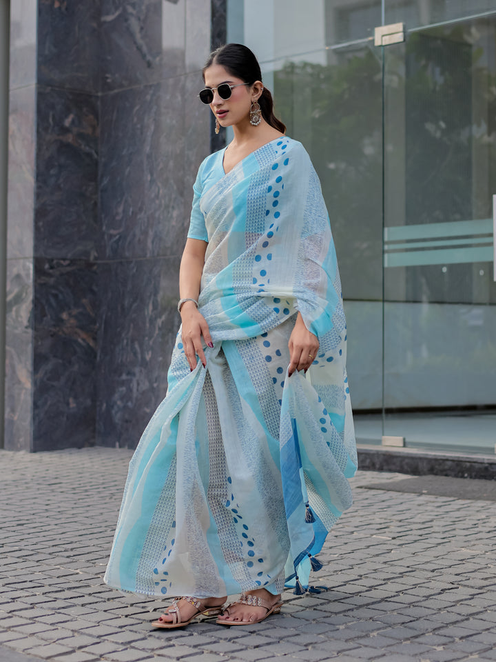 Sky Blue Mul Cotton Printed Saree with Abstract Geometric Design, Statement Pallu & Tassels | Office & Daily Wear Saree