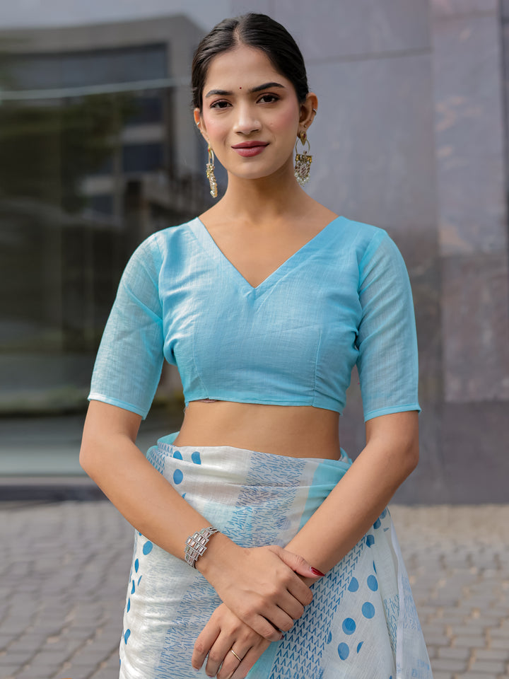 Sky Blue Mul Cotton Printed Saree with Abstract Geometric Design, Statement Pallu & Tassels | Office & Daily Wear Saree
