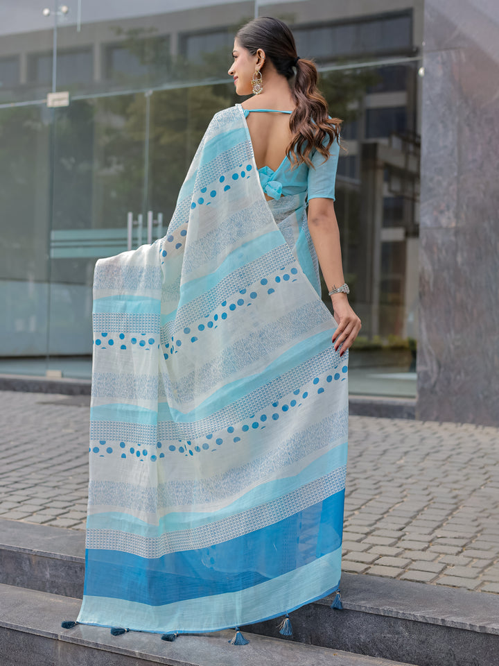 Sky Blue Mul Cotton Printed Saree with Abstract Geometric Design, Statement Pallu & Tassels | Office & Daily Wear Saree
