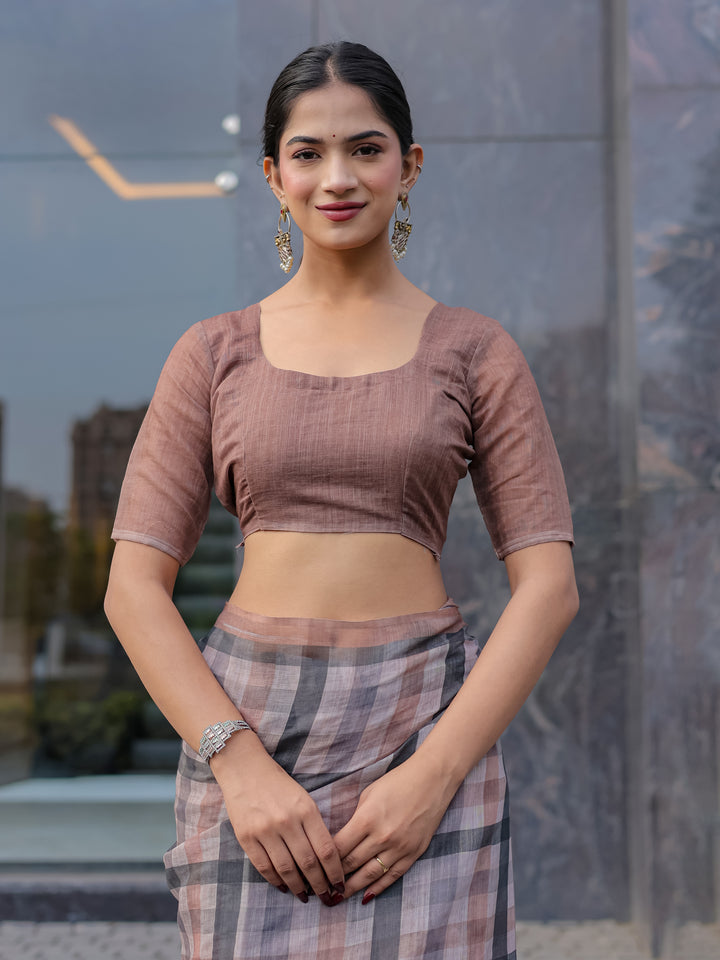 Dusty Brown Mul Cotton Checkered Saree for Women with Charcoal Grey Checks & Tassels | Soft Breathable Office & Daily Wear