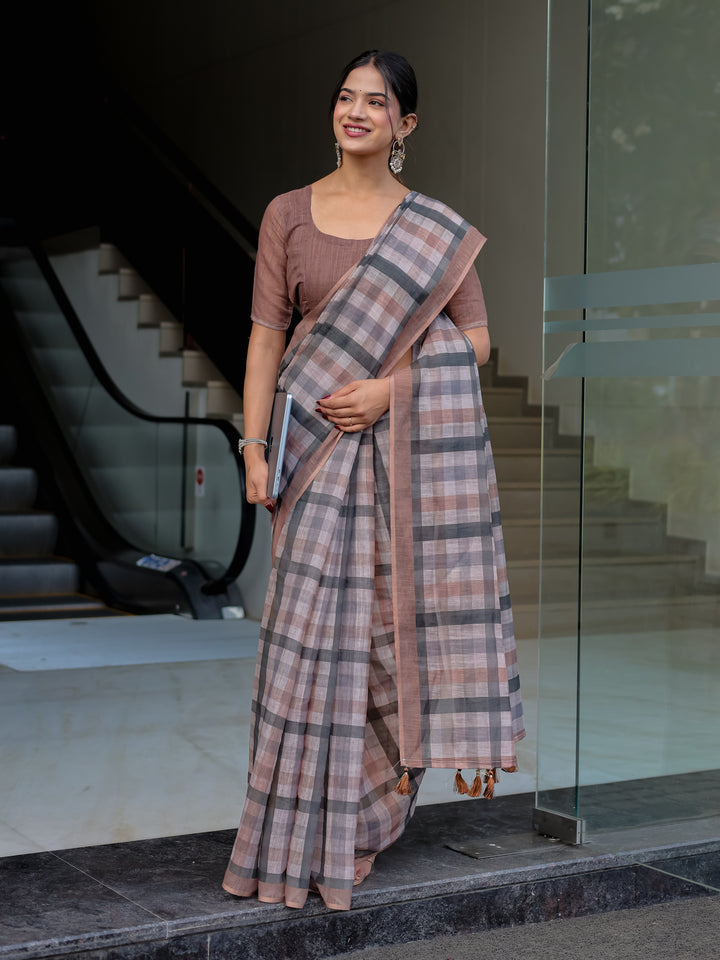 Dusty Brown Mul Cotton Checkered Saree for Women with Charcoal Grey Checks & Tassels | Soft Breathable Office & Daily Wear