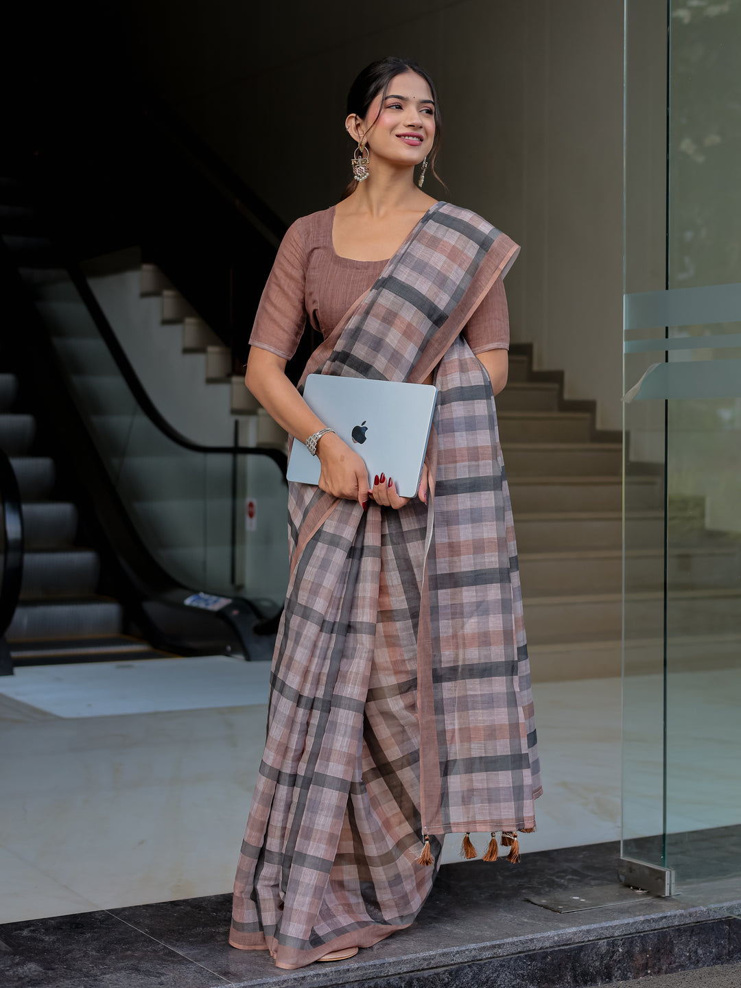 Dusty Brown Mul Cotton Checkered Saree for Women with Charcoal Grey Checks & Tassels | Soft Breathable Office & Daily Wear