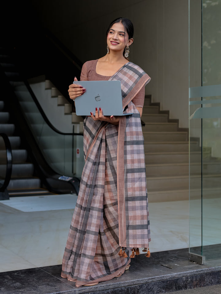 Dusty Brown Mul Cotton Checkered Saree for Women with Charcoal Grey Checks & Tassels | Soft Breathable Office & Daily Wear
