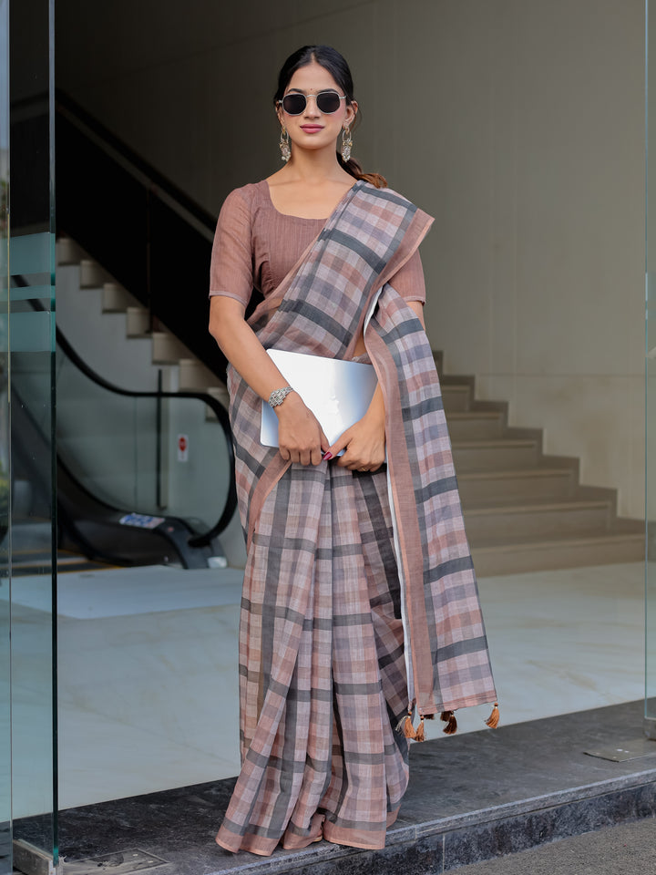 Dusty Brown Mul Cotton Checkered Saree for Women with Charcoal Grey Checks & Tassels | Soft Breathable Office & Daily Wear