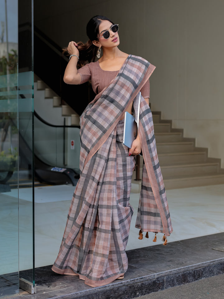 Dusty Brown Mul Cotton Checkered Saree for Women with Charcoal Grey Checks & Tassels | Soft Breathable Office & Daily Wear
