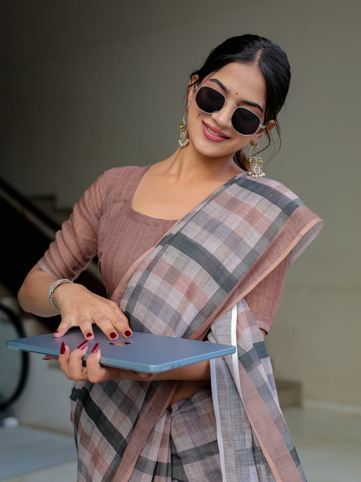 Dusty Brown Mul Cotton Checkered Saree for Women with Charcoal Grey Checks & Tassels | Soft Breathable Office & Daily Wear
