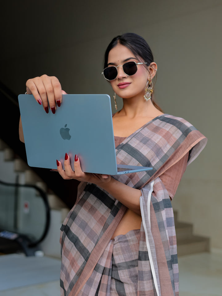 Dusty Brown Mul Cotton Checkered Saree for Women with Charcoal Grey Checks & Tassels | Soft Breathable Office & Daily Wear