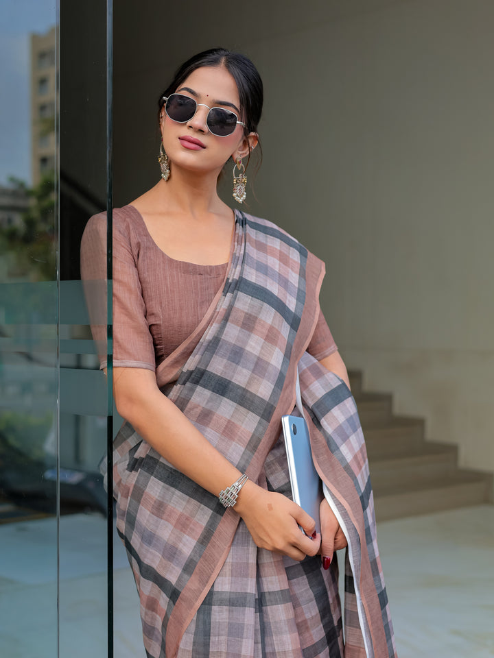Dusty Brown Mul Cotton Checkered Saree for Women with Charcoal Grey Checks & Tassels | Soft Breathable Office & Daily Wear