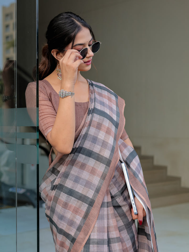 Dusty Brown Mul Cotton Checkered Saree for Women with Charcoal Grey Checks & Tassels | Soft Breathable Office & Daily Wear