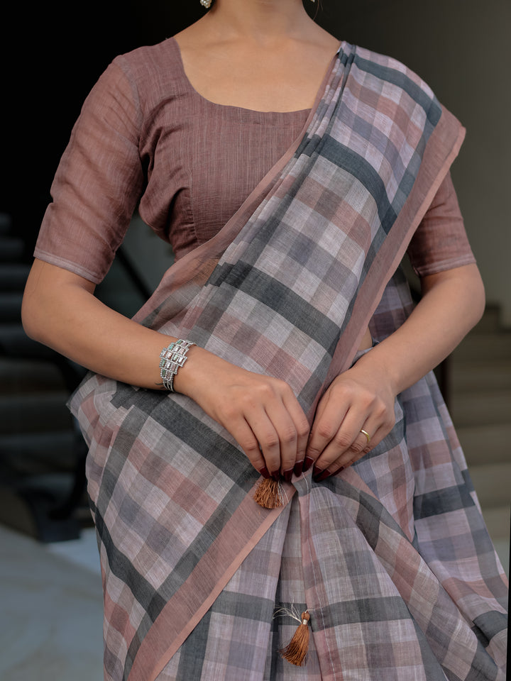 Dusty Brown Mul Cotton Checkered Saree for Women with Charcoal Grey Checks & Tassels | Soft Breathable Office & Daily Wear