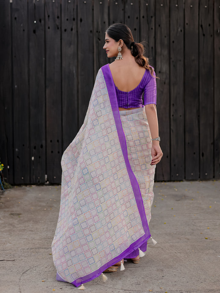 Ivory Mul Cotton Multicolor Geometric Print Saree with Purple Border & Tassels | Casual & Office Wear Saree