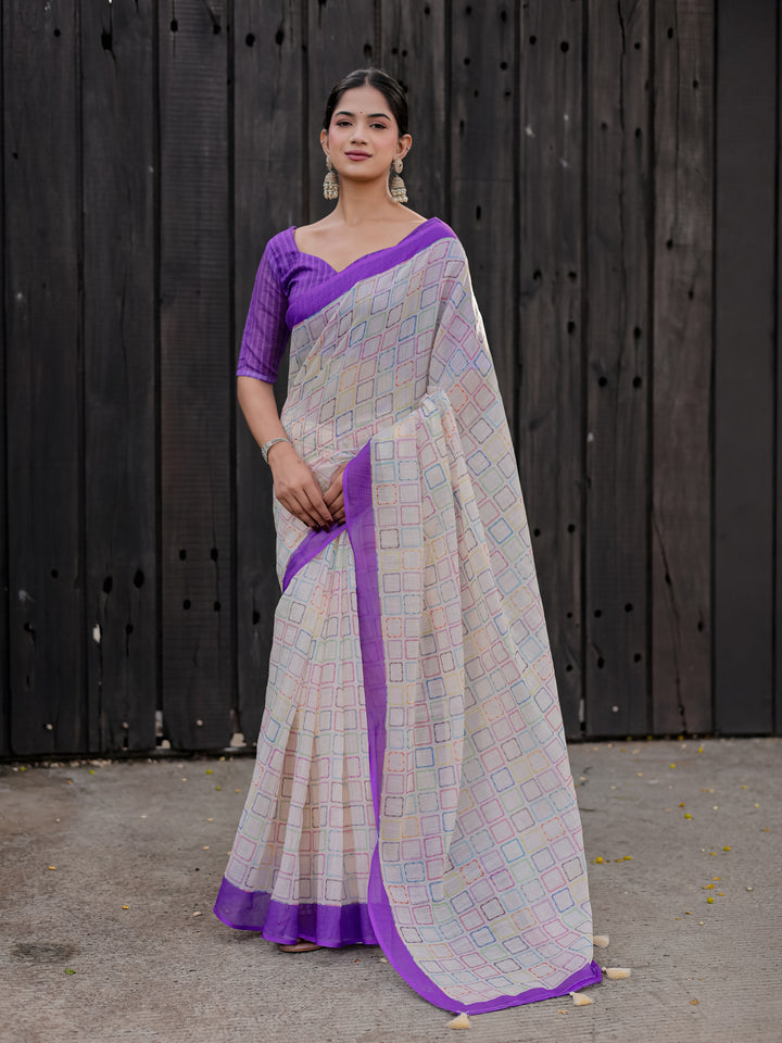 Ivory Mul Cotton Multicolor Geometric Print Saree with Purple Border & Tassels | Casual & Office Wear Saree