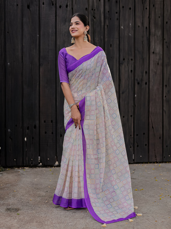 Ivory Mul Cotton Multicolor Geometric Print Saree with Purple Border & Tassels | Casual & Office Wear Saree
