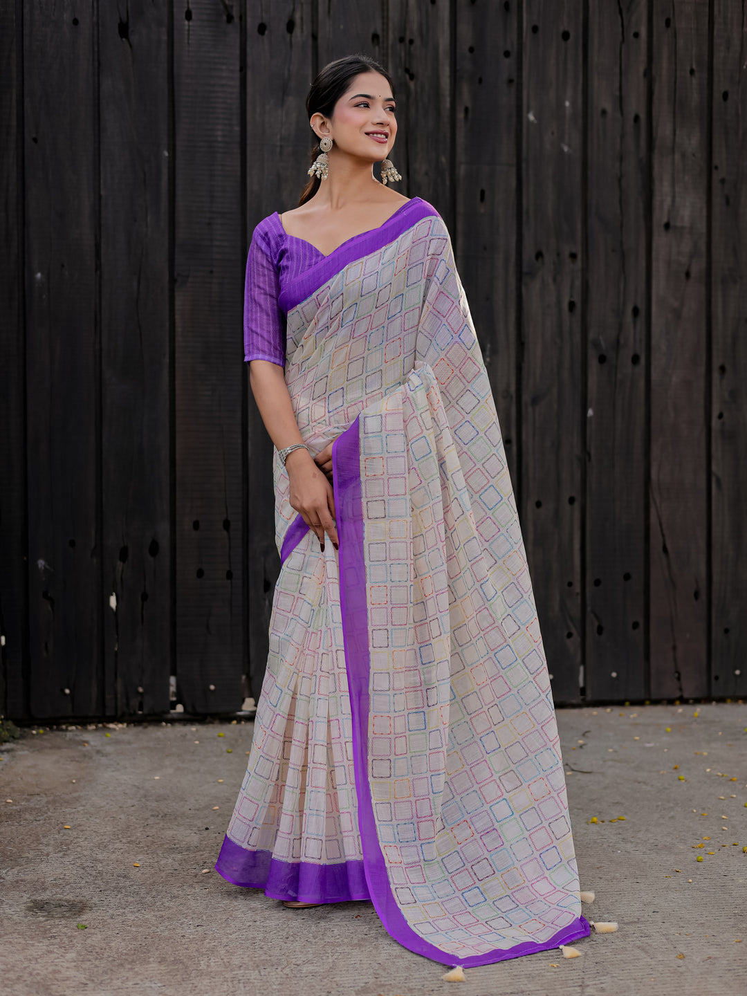 Ivory Mul Cotton Multicolor Geometric Print Saree with Purple Border & Tassels | Casual & Office Wear Saree