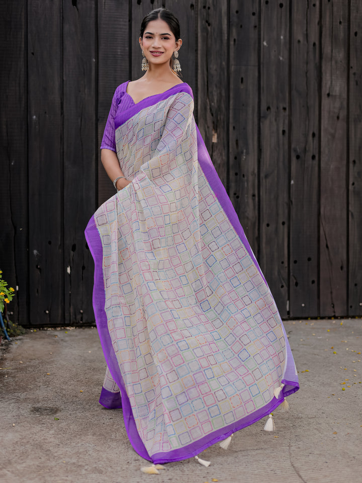 Ivory Mul Cotton Multicolor Geometric Print Saree with Purple Border & Tassels | Casual & Office Wear Saree