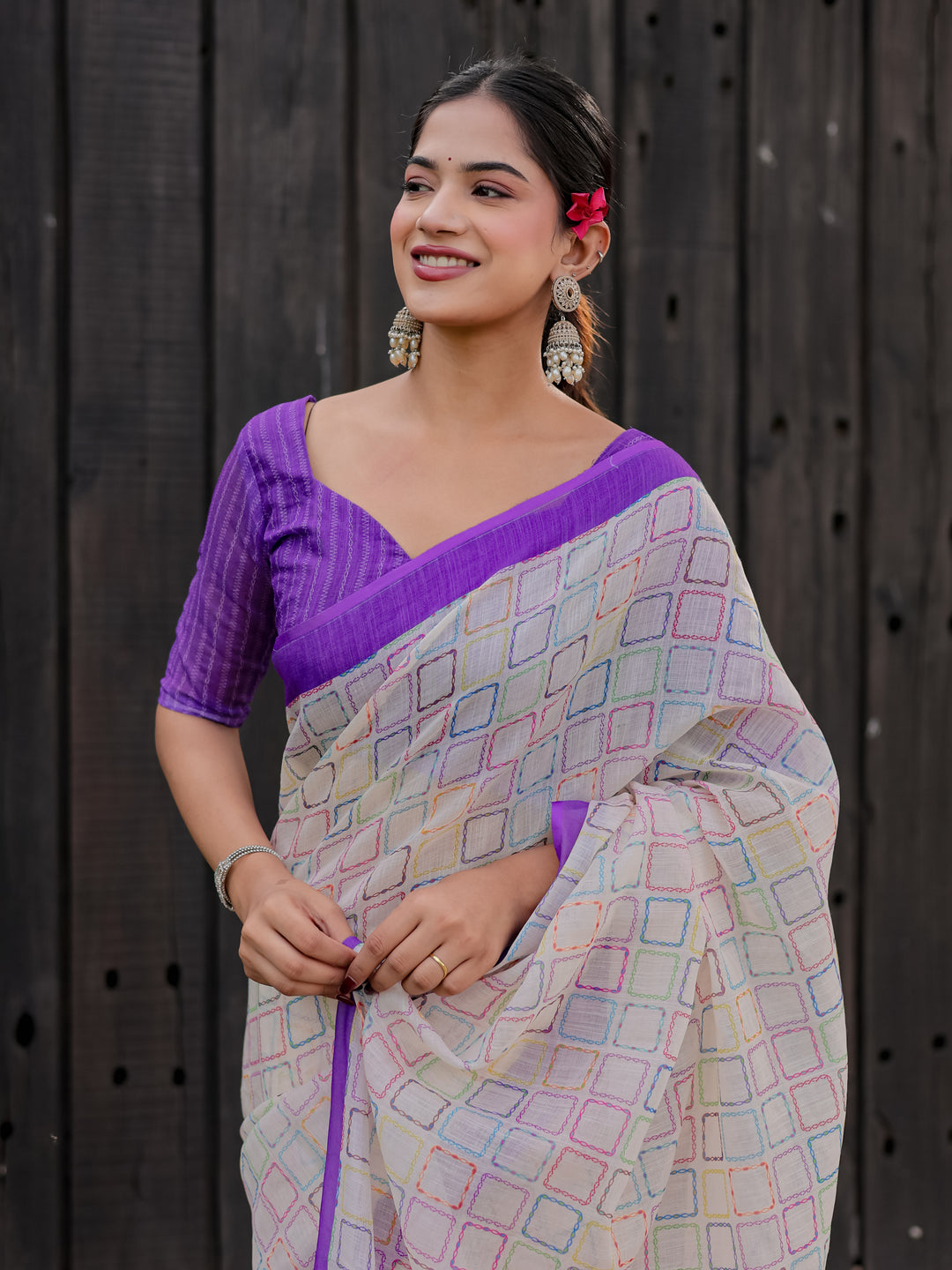 Ivory Mul Cotton Multicolor Geometric Print Saree with Purple Border & Tassels | Casual & Office Wear Saree