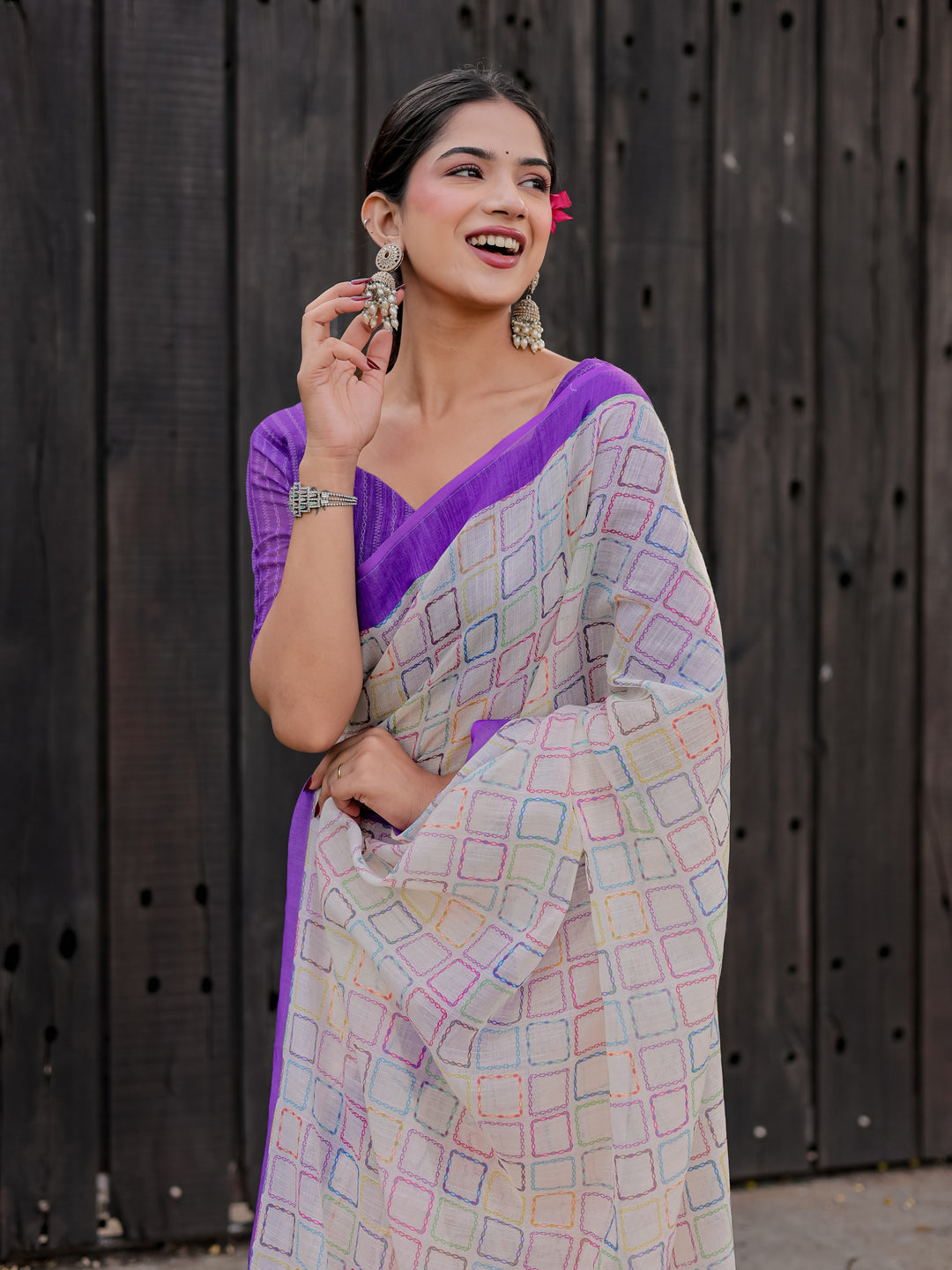 Ivory Mul Cotton Multicolor Geometric Print Saree with Purple Border & Tassels | Casual & Office Wear Saree