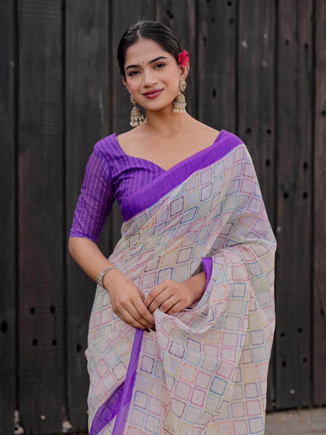 Ivory Mul Cotton Multicolor Geometric Print Saree with Purple Border & Tassels | Casual & Office Wear Saree