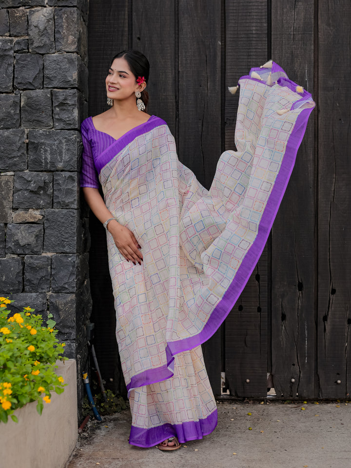 Ivory Mul Cotton Multicolor Geometric Print Saree with Purple Border & Tassels | Casual & Office Wear Saree