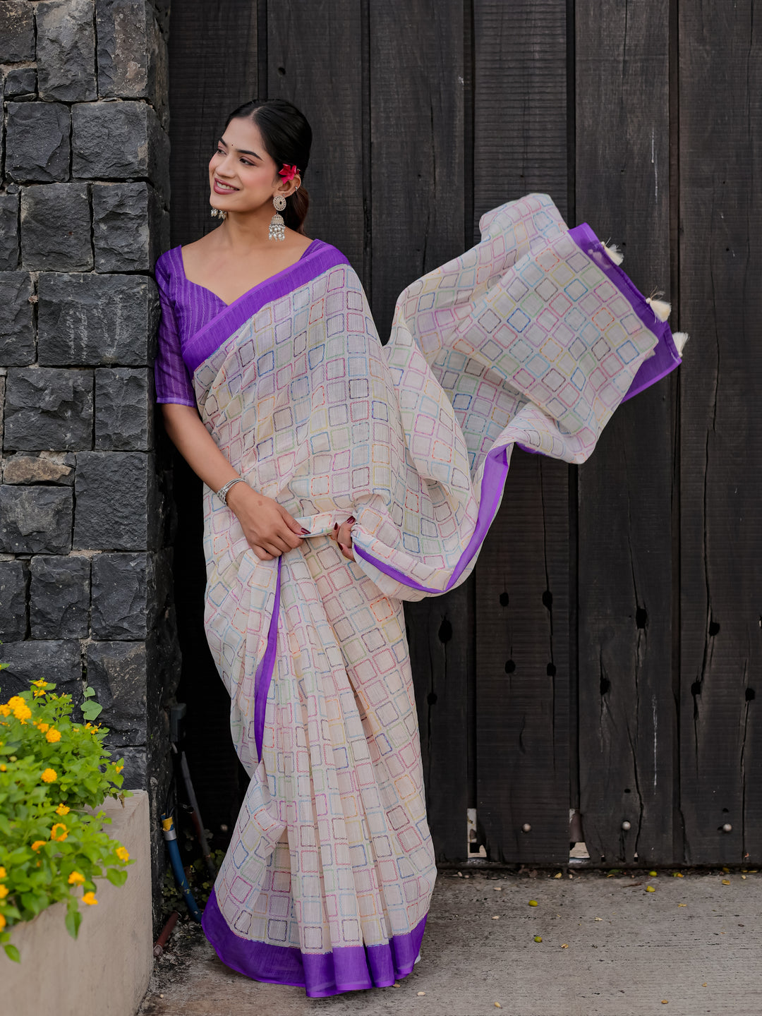 Ivory Mul Cotton Multicolor Geometric Print Saree with Purple Border & Tassels | Casual & Office Wear Saree