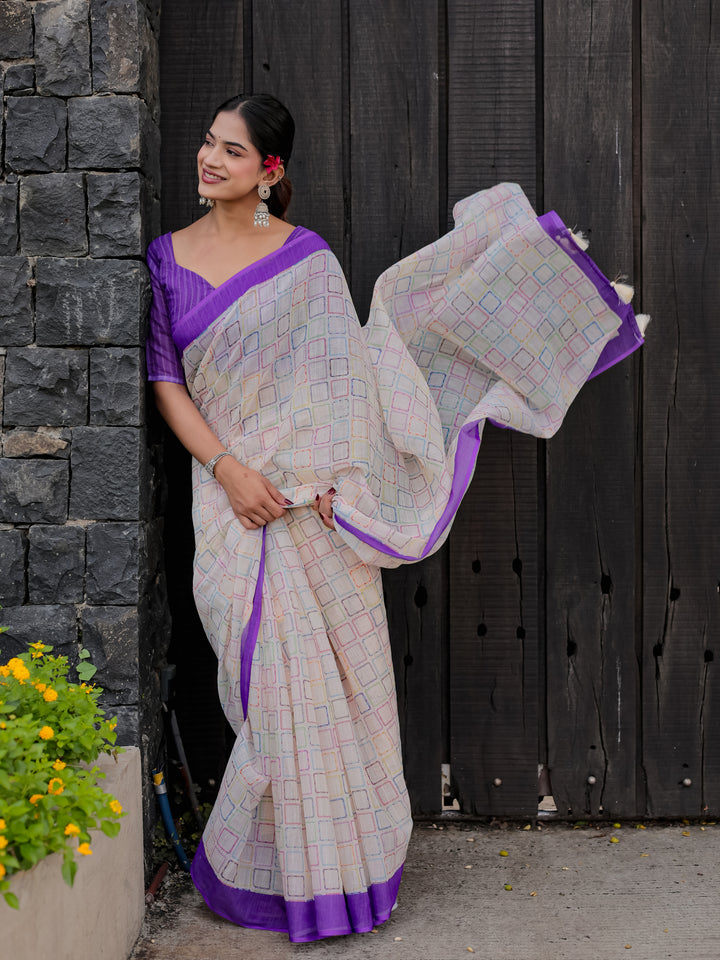 Ivory Mul Cotton Multicolor Geometric Print Saree with Purple Border & Tassels | Casual & Office Wear Saree