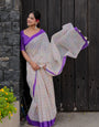 Ivory Mul Cotton Multicolor Geometric Print Saree with Purple Border & Tassels | Casual & Office Wear Saree, Comes With Attached Blouse Piece