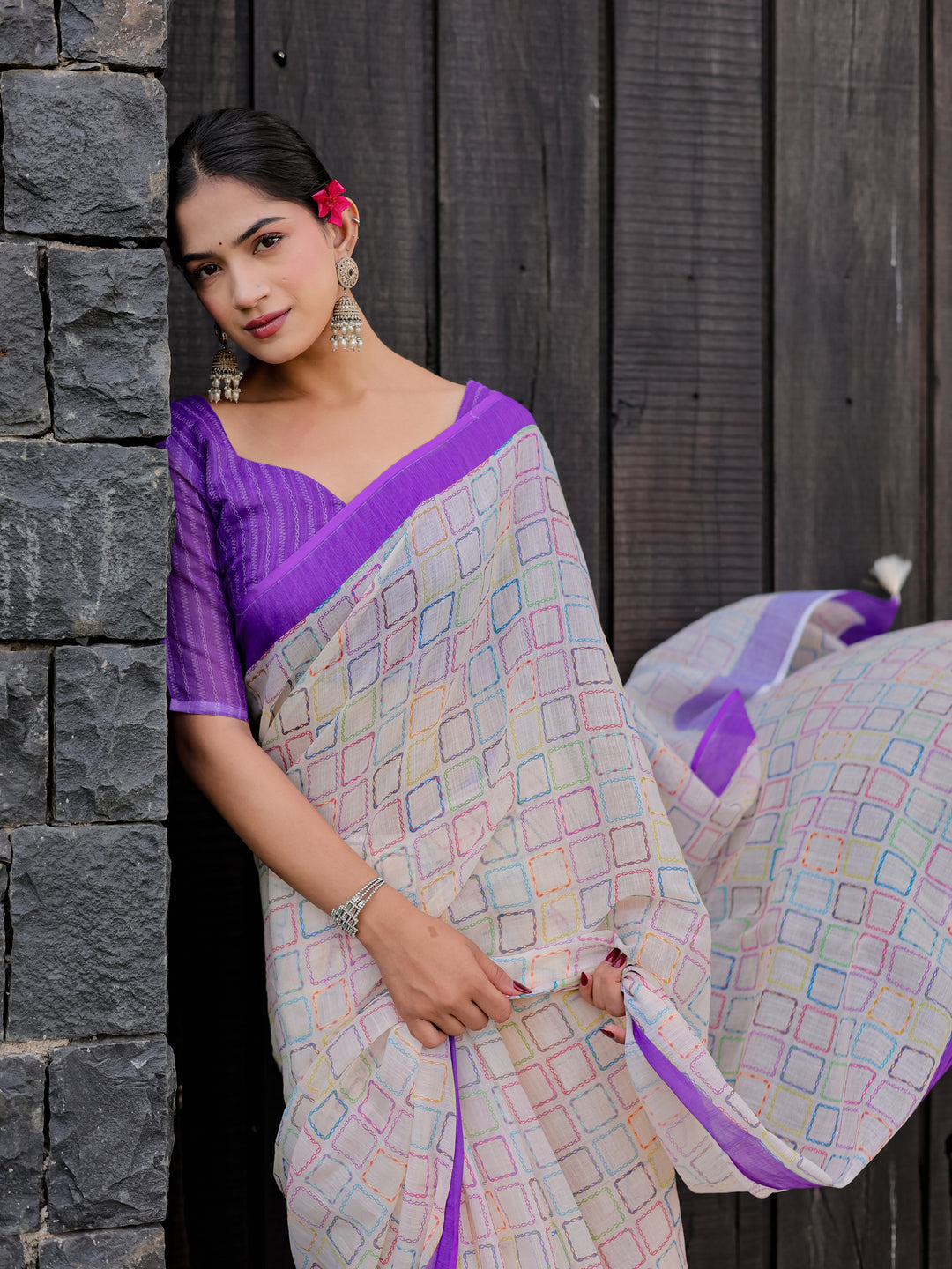 Ivory Mul Cotton Multicolor Geometric Print Saree with Purple Border & Tassels | Casual & Office Wear Saree