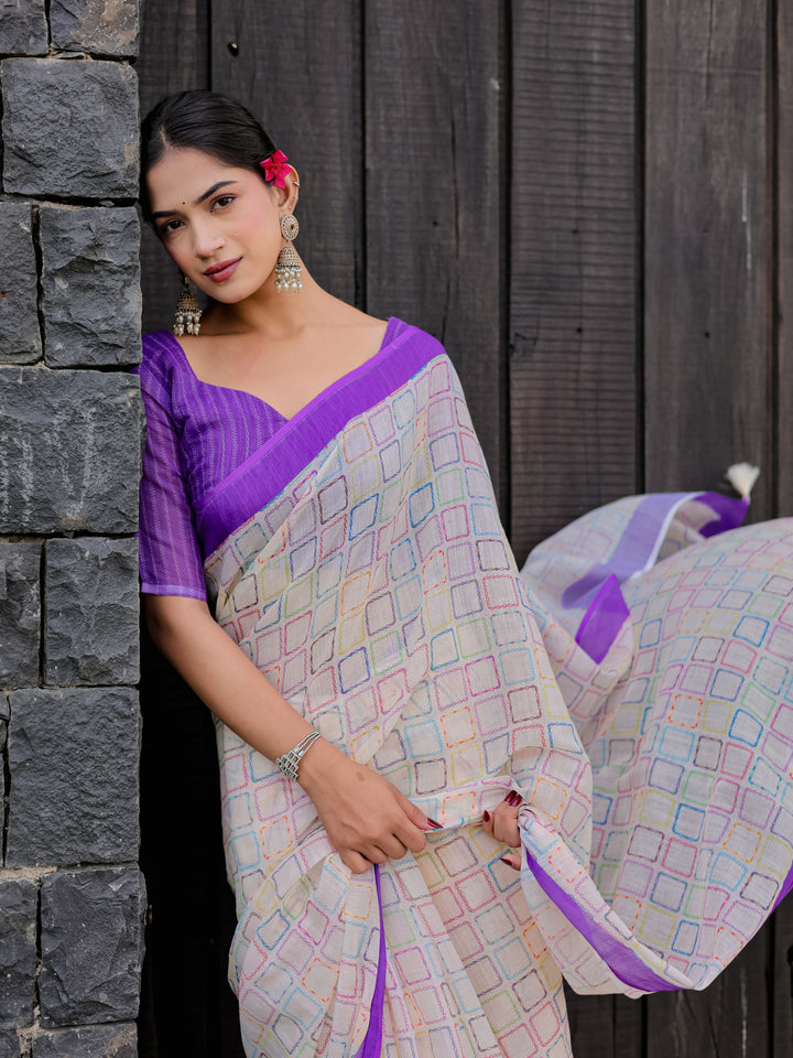 Ivory Mul Cotton Multicolor Geometric Print Saree with Purple Border & Tassels | Casual & Office Wear Saree