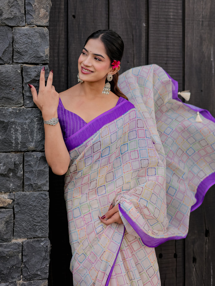 Ivory Mul Cotton Multicolor Geometric Print Saree with Purple Border & Tassels | Casual & Office Wear Saree