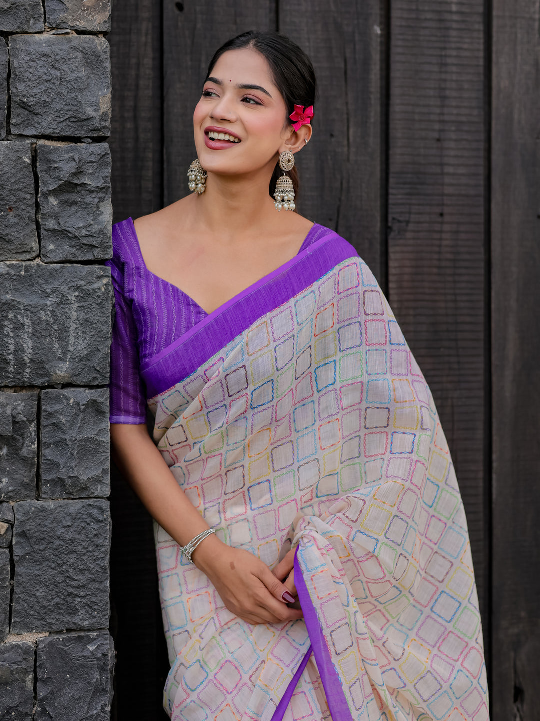 Ivory Mul Cotton Multicolor Geometric Print Saree with Purple Border & Tassels | Casual & Office Wear Saree
