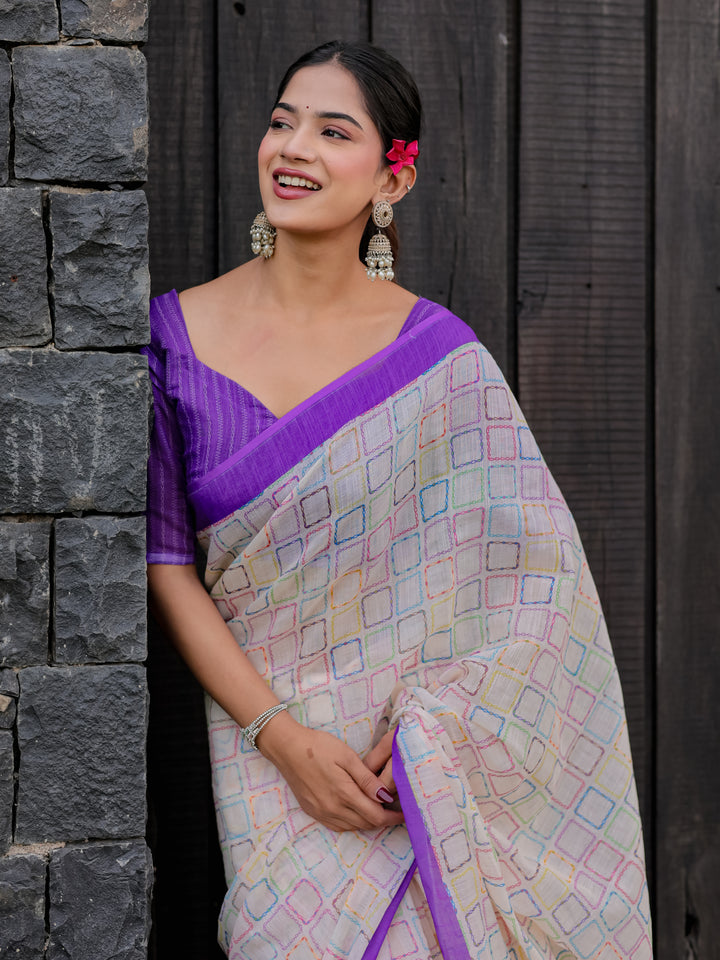 Ivory Mul Cotton Multicolor Geometric Print Saree with Purple Border & Tassels | Casual & Office Wear Saree