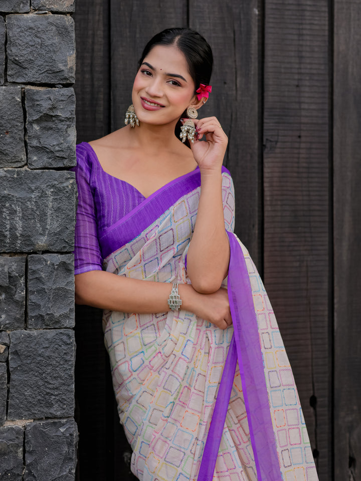 Ivory Mul Cotton Multicolor Geometric Print Saree with Purple Border & Tassels | Casual & Office Wear Saree