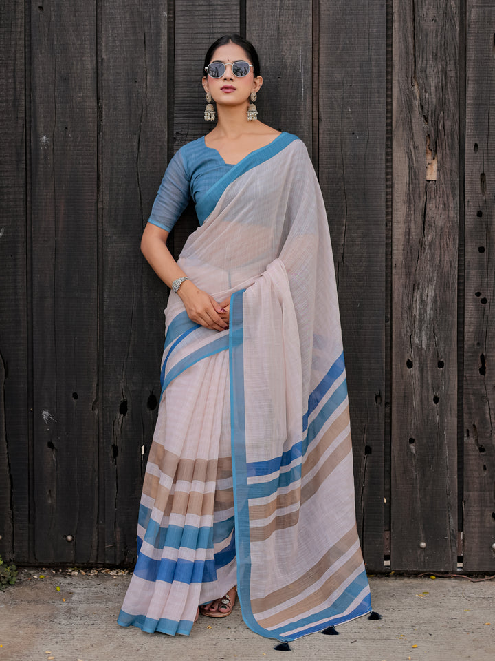 Ivory Mul Cotton Saree with Blue & Beige Striped Border, Statement Pallu & Tassels | Office Wear Saree