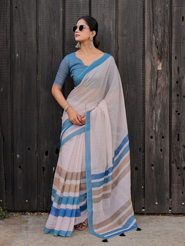 Ivory Mul Cotton Saree with Blue & Beige Striped Border, Statement Pallu & Tassels | Office Wear Saree