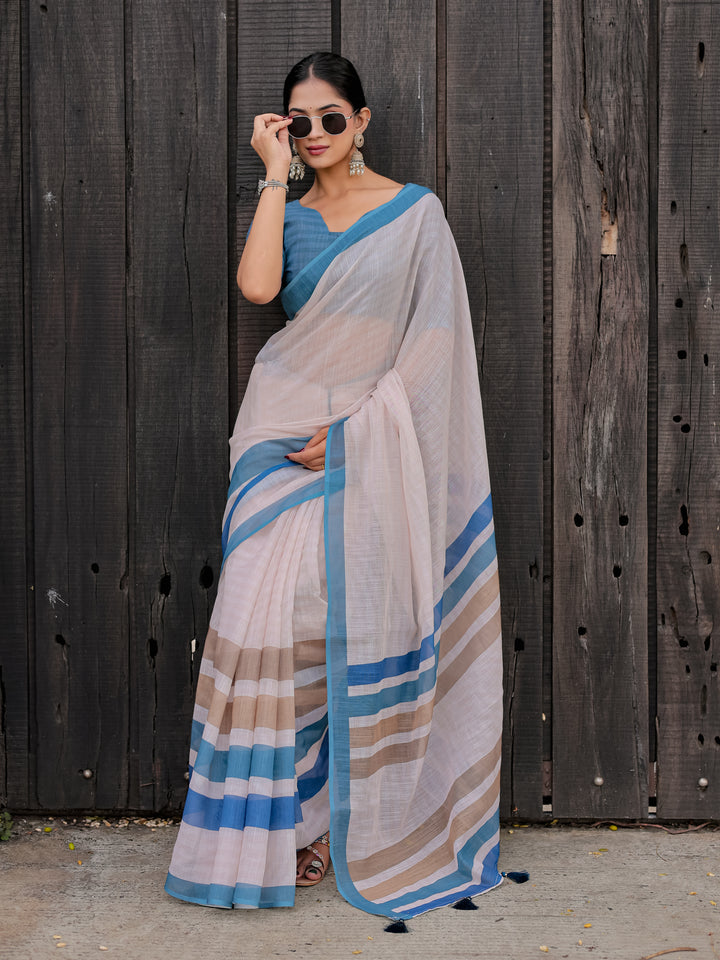 Ivory Mul Cotton Saree with Blue & Beige Striped Border, Statement Pallu & Tassels | Office Wear Saree