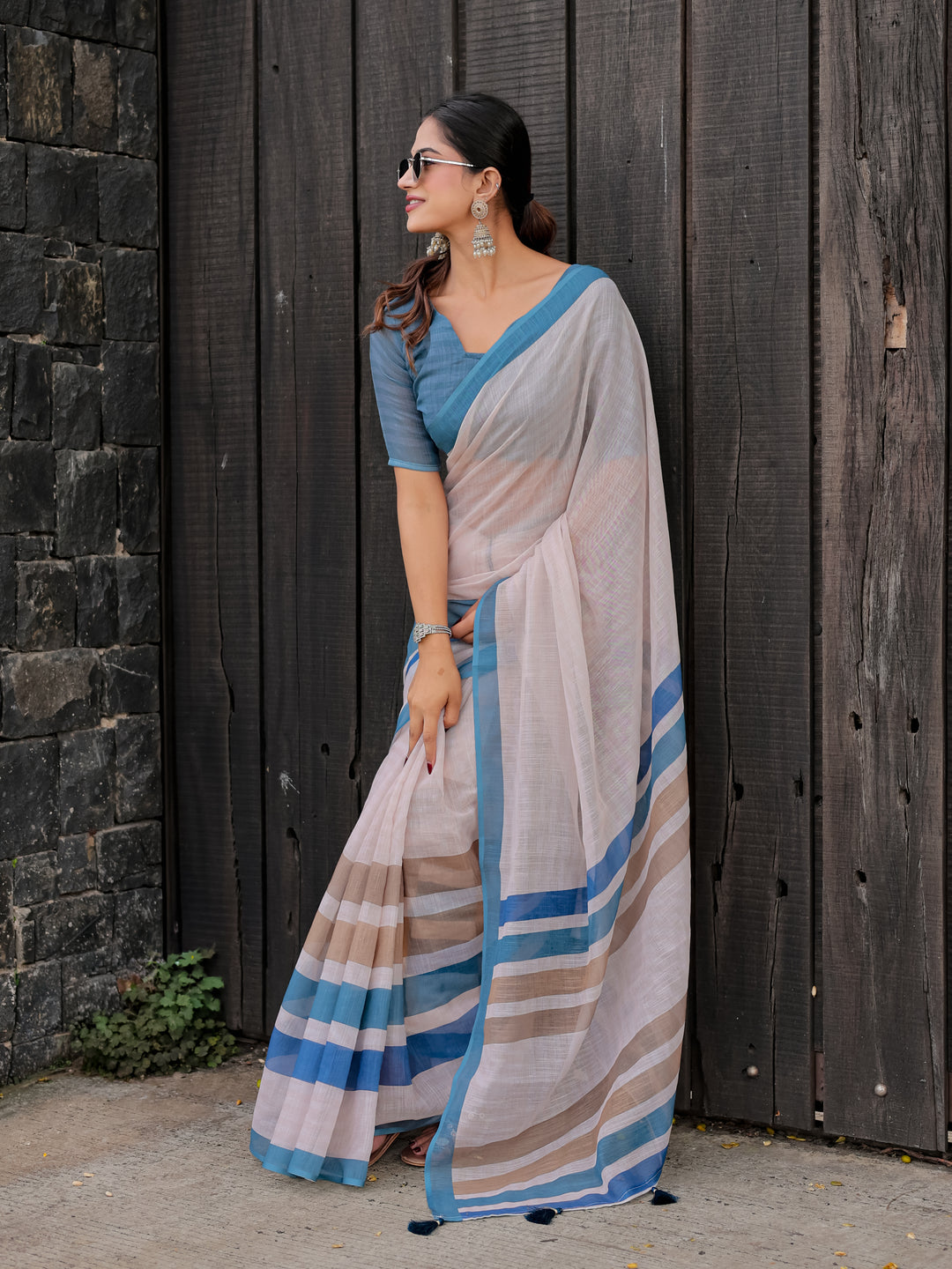 Ivory Mul Cotton Saree with Blue & Beige Striped Border, Statement Pallu & Tassels | Office Wear Saree