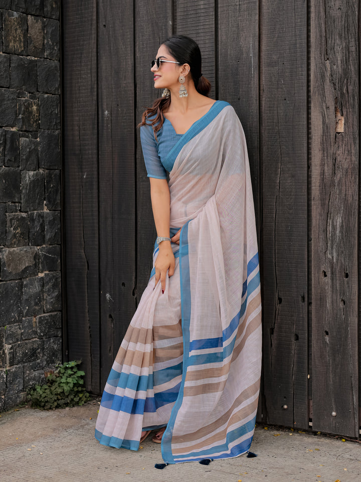 Ivory Mul Cotton Saree with Blue & Beige Striped Border, Statement Pallu & Tassels | Office Wear Saree