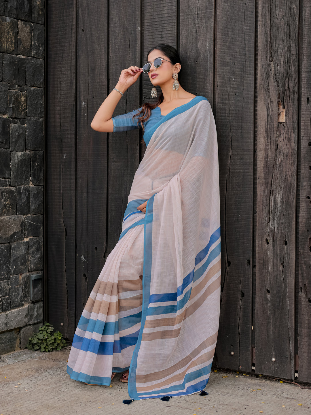 Ivory Mul Cotton Saree with Blue & Beige Striped Border, Statement Pallu & Tassels | Office Wear Saree