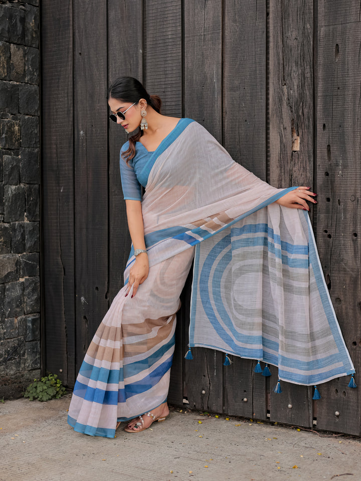 Ivory Mul Cotton Saree with Blue & Beige Striped Border, Statement Pallu & Tassels | Office Wear Saree