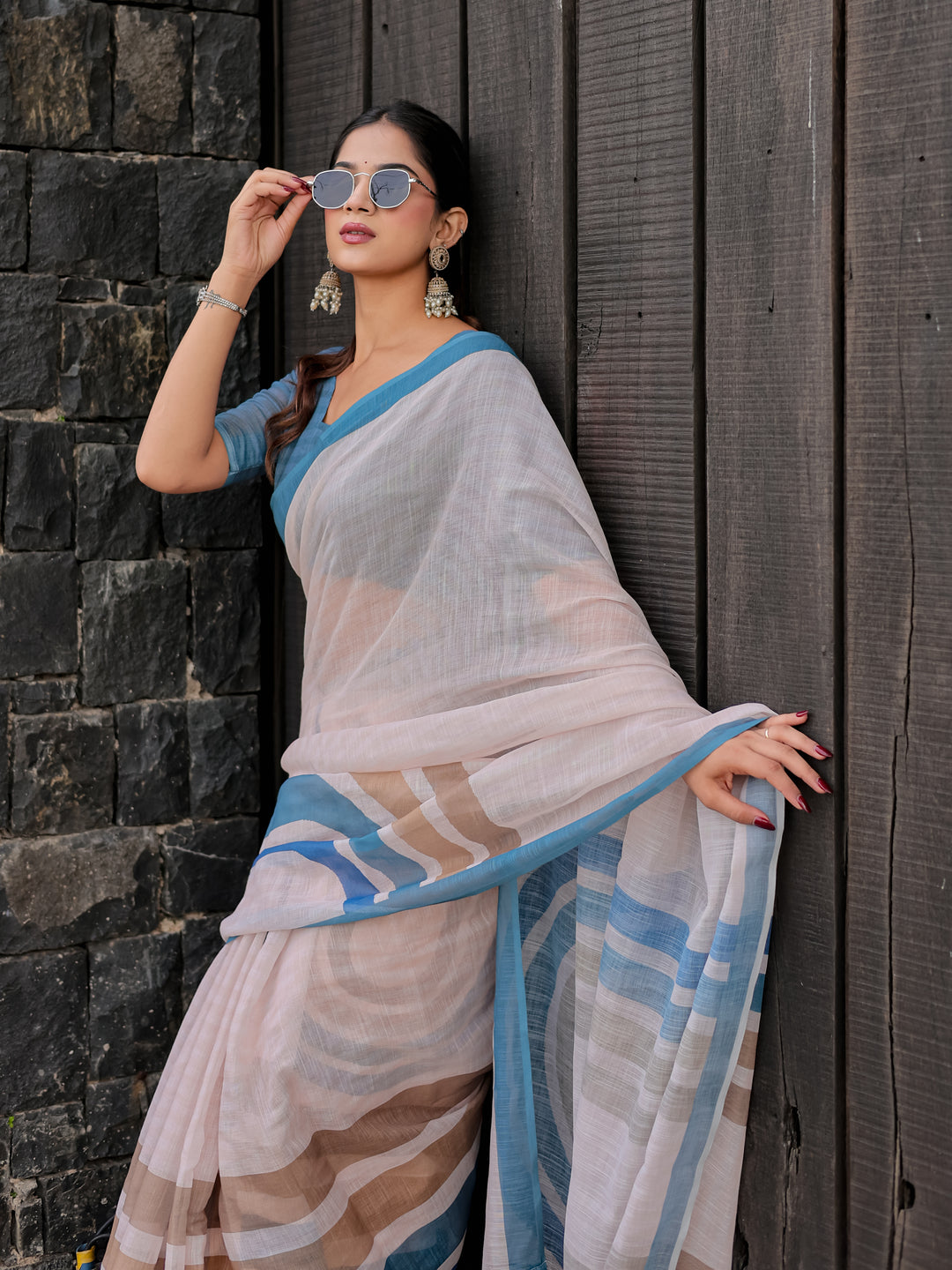 Ivory Mul Cotton Saree with Blue & Beige Striped Border, Statement Pallu & Tassels | Office Wear Saree