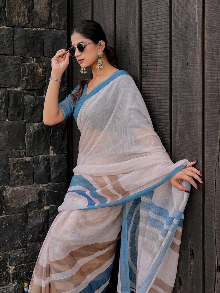 Ivory Mul Cotton Saree with Blue & Beige Striped Border, Statement Pallu & Tassels | Office Wear Saree