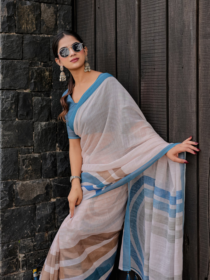 Ivory Mul Cotton Saree with Blue & Beige Striped Border, Statement Pallu & Tassels | Office Wear Saree