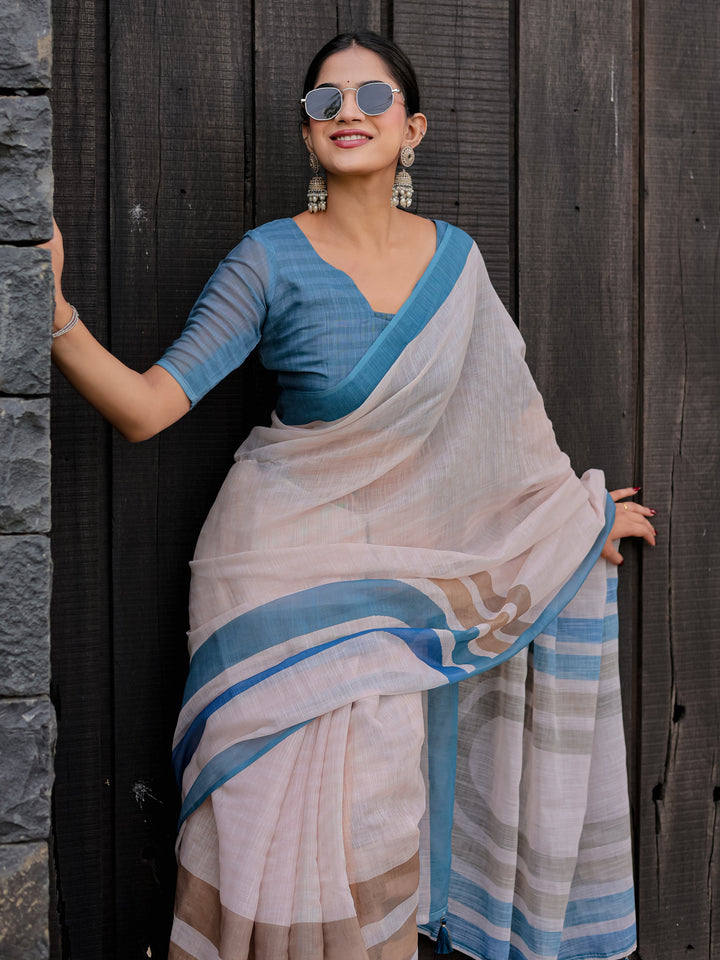 Ivory Mul Cotton Saree with Blue & Beige Striped Border, Statement Pallu & Tassels | Office Wear Saree
