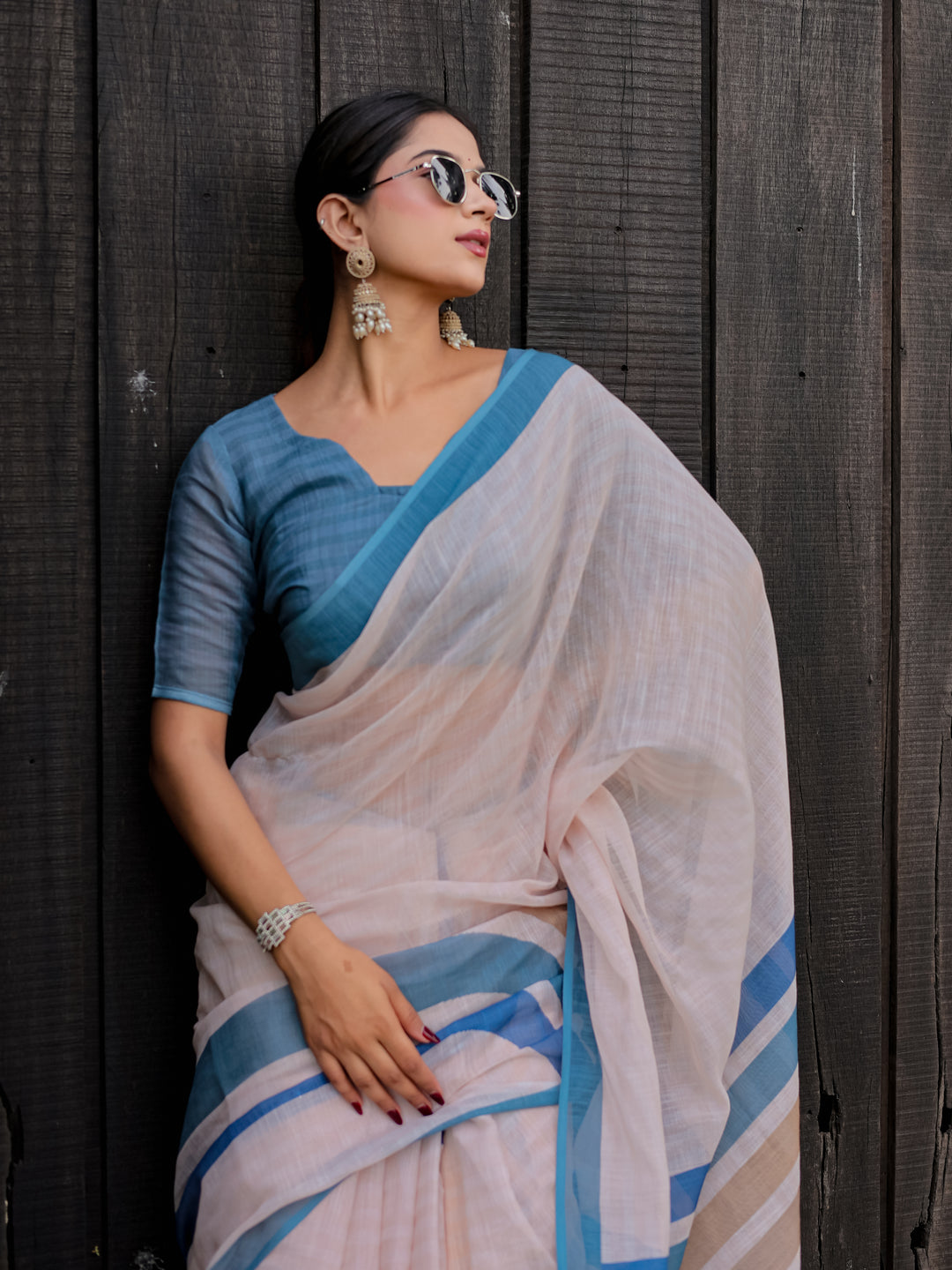 Ivory Mul Cotton Saree with Blue & Beige Striped Border, Statement Pallu & Tassels | Office Wear Saree