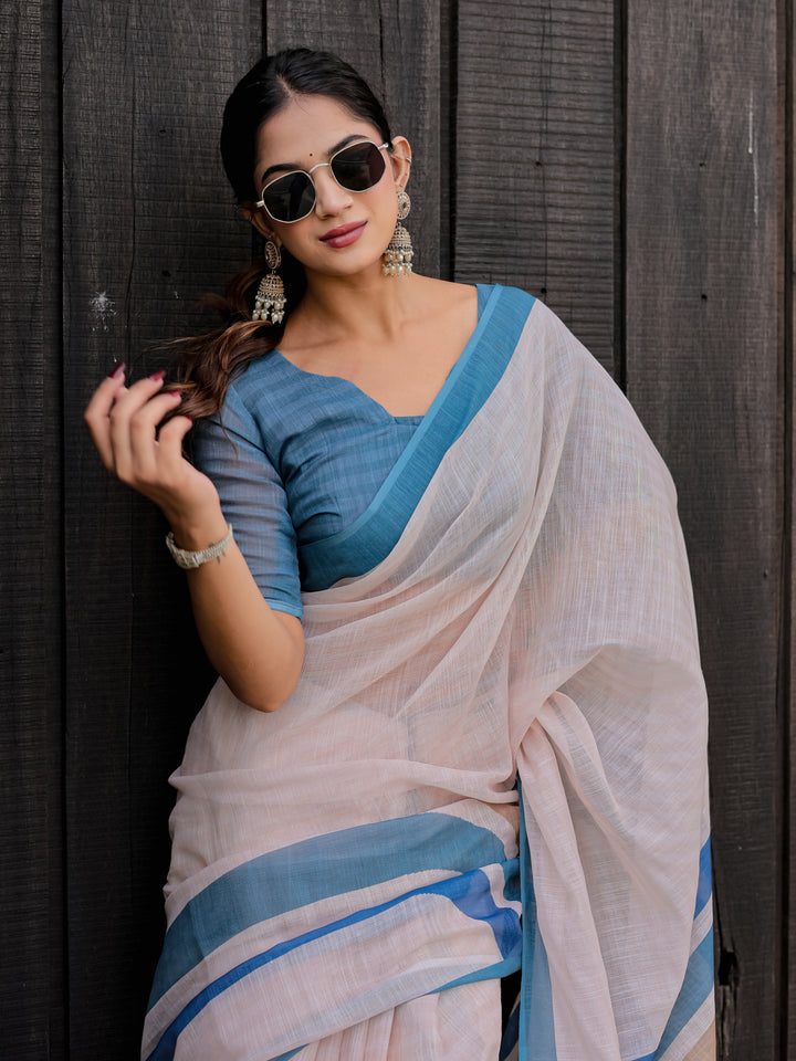 Ivory Mul Cotton Saree with Blue & Beige Striped Border, Statement Pallu & Tassels | Office Wear Saree