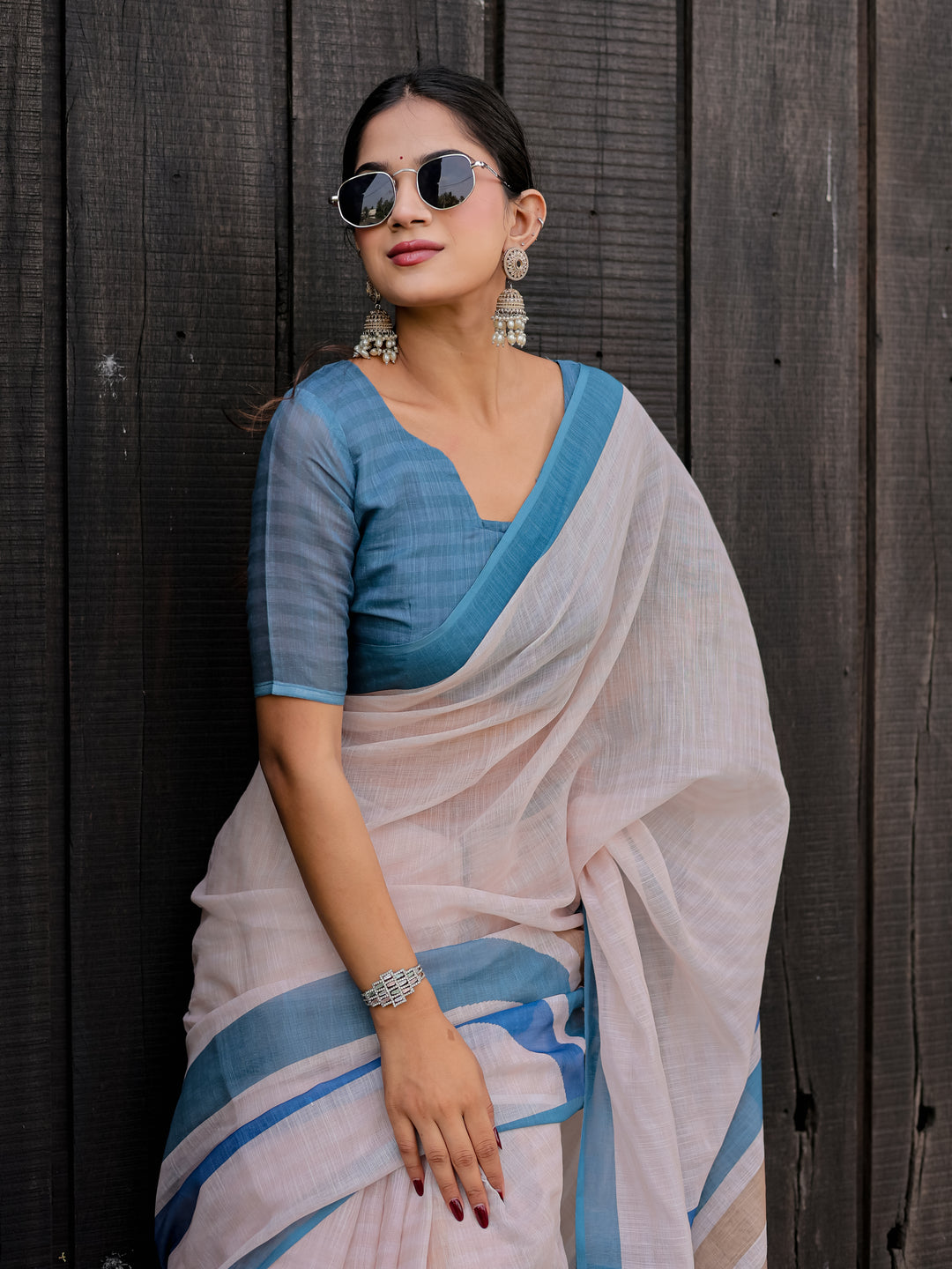 Ivory Mul Cotton Saree with Blue & Beige Striped Border, Statement Pallu & Tassels | Office Wear Saree
