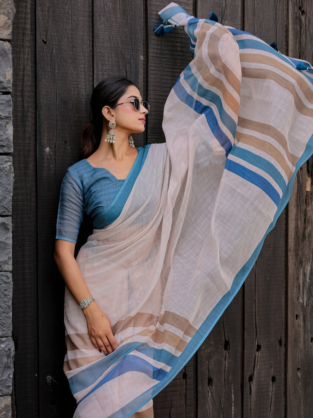 Ivory Mul Cotton Saree with Blue & Beige Striped Border, Statement Pallu & Tassels | Office Wear Saree