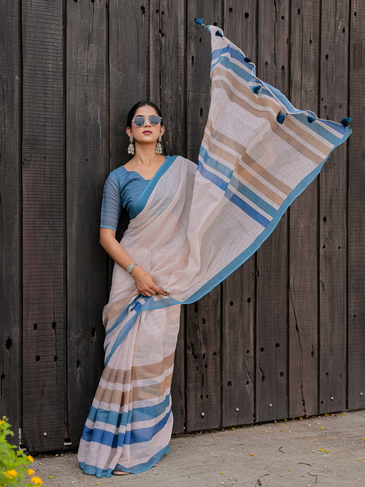 Ivory Mul Cotton Saree with Blue & Beige Striped Border, Statement Pallu & Tassels | Office Wear Saree