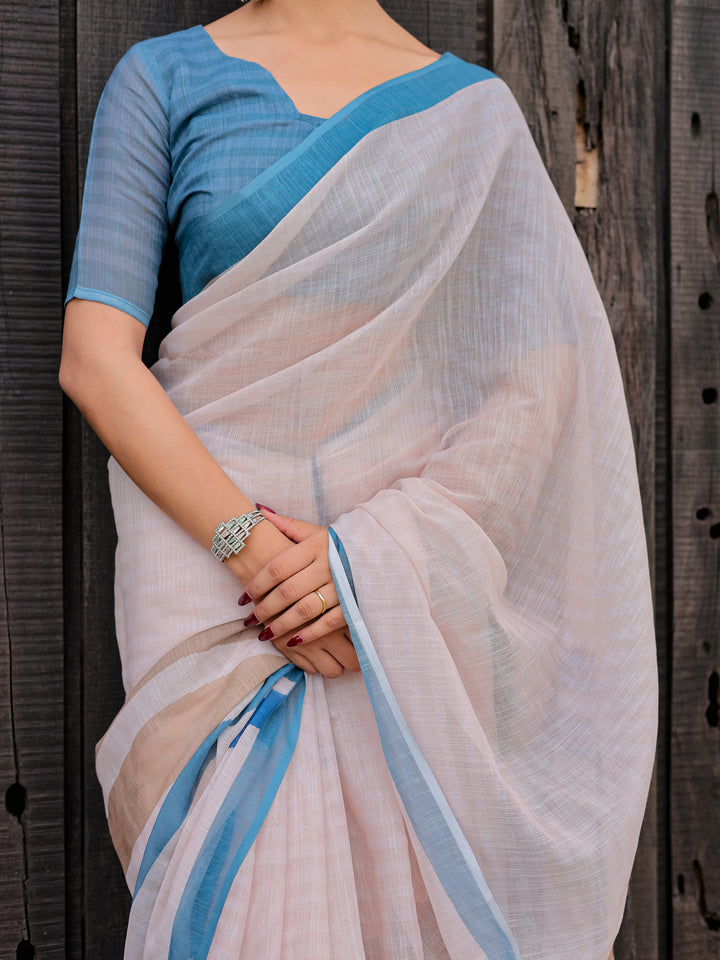 Ivory Mul Cotton Saree with Blue & Beige Striped Border, Statement Pallu & Tassels | Office Wear Saree
