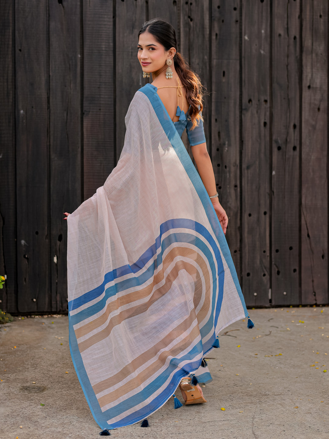 Ivory Mul Cotton Saree with Blue & Beige Striped Border, Statement Pallu & Tassels | Office Wear Saree